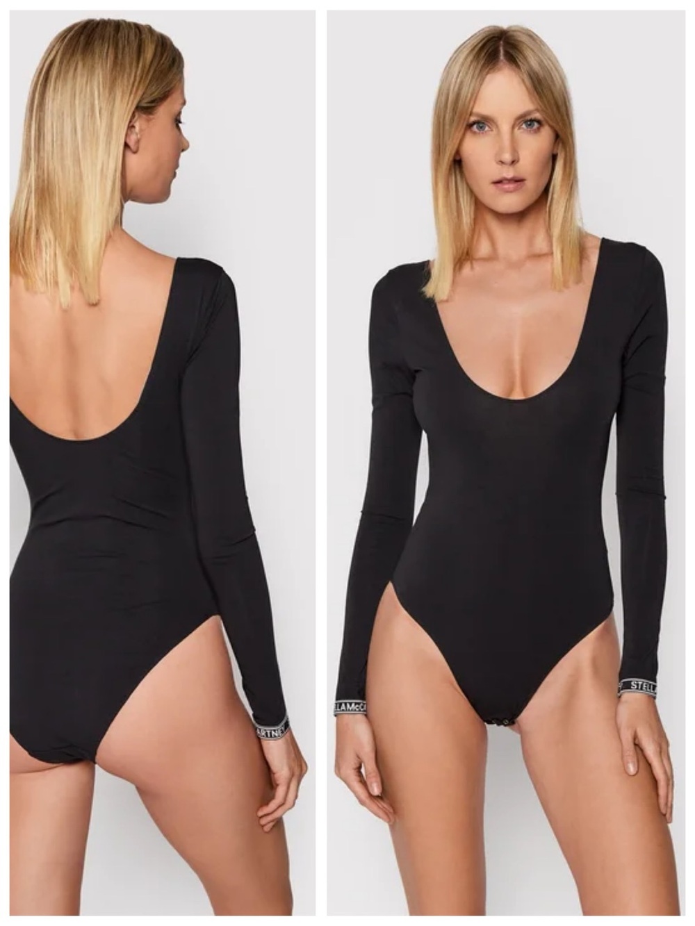 Stella McCartney Ivy Chatting Long Sleeve Logo Cuff Bodysuit, Black sz. M